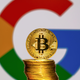 A stack of gold bitcoins sitting in front of a Google "G" symbol.